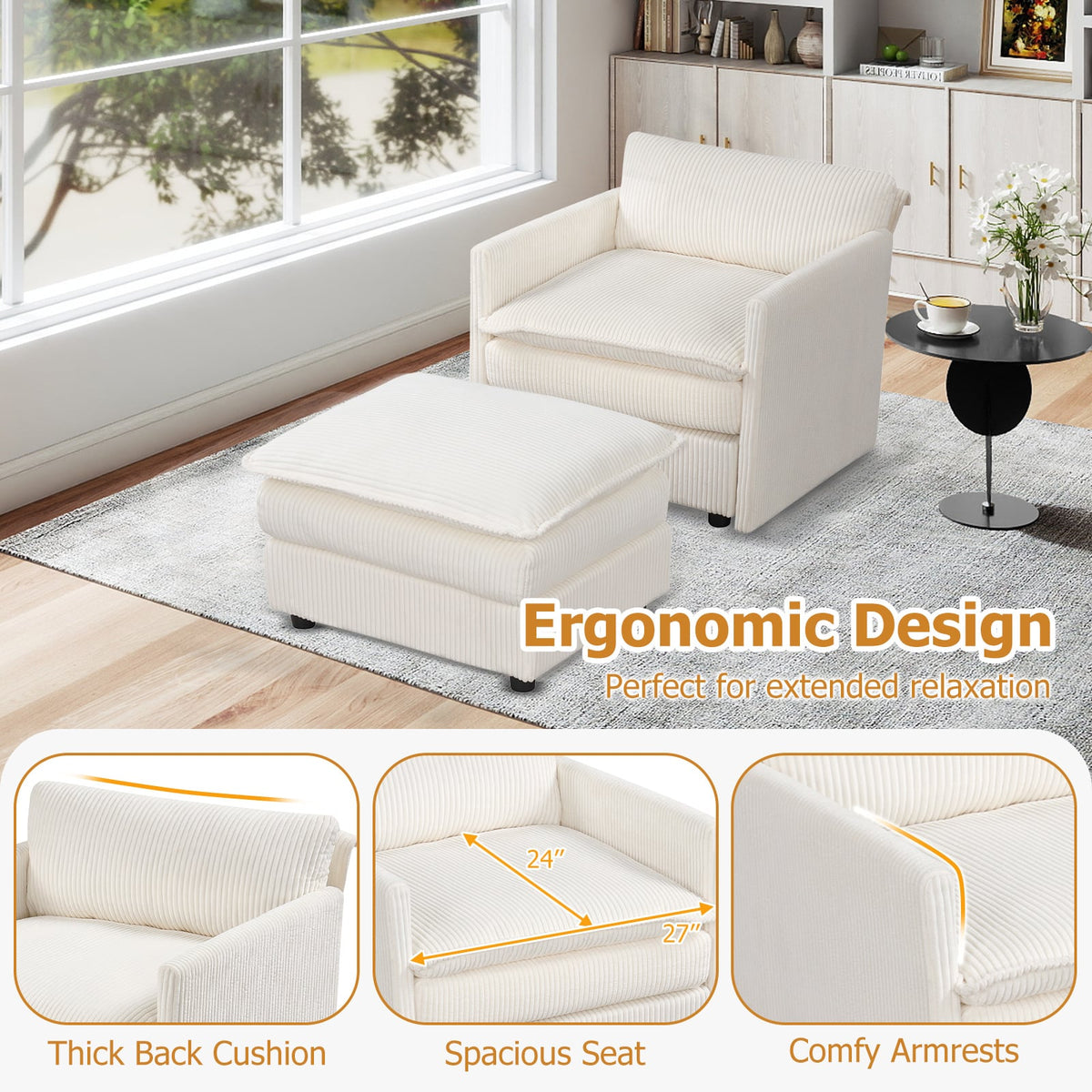 Oversized Accent Chair with Ottoman with Soft Corduroy Cushions-Beige-Accent Chairs-DECOROLALA