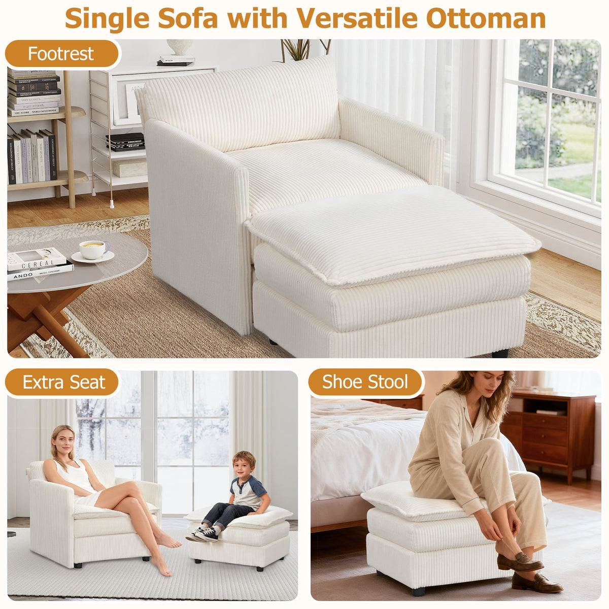 Oversized Accent Chair with Ottoman with Soft Corduroy Cushions-Beige-Accent Chairs-DECOROLALA