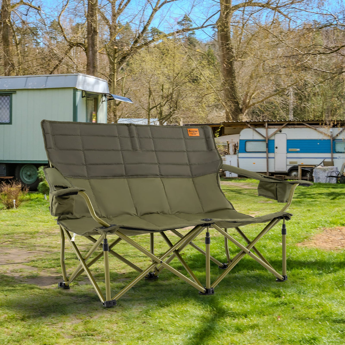 Oversized Camping Chair Folding Loveseat Camping Couch with Cup Holders & Thick Padding-Green-Camping Furniture-DECOROLALA