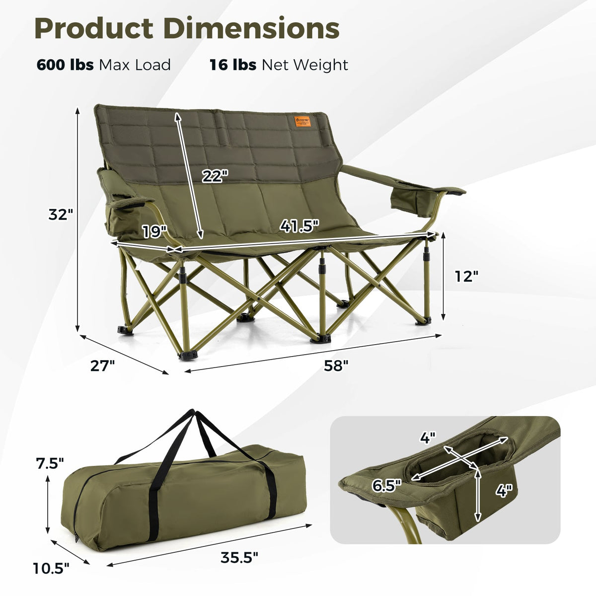 Oversized Camping Chair Folding Loveseat Camping Couch with Cup Holders & Thick Padding-Green-Camping Furniture-DECOROLALA
