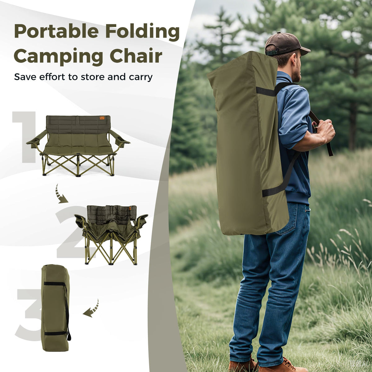 Oversized Camping Chair Folding Loveseat Camping Couch with Cup Holders & Thick Padding-Green-Camping Furniture-DECOROLALA
