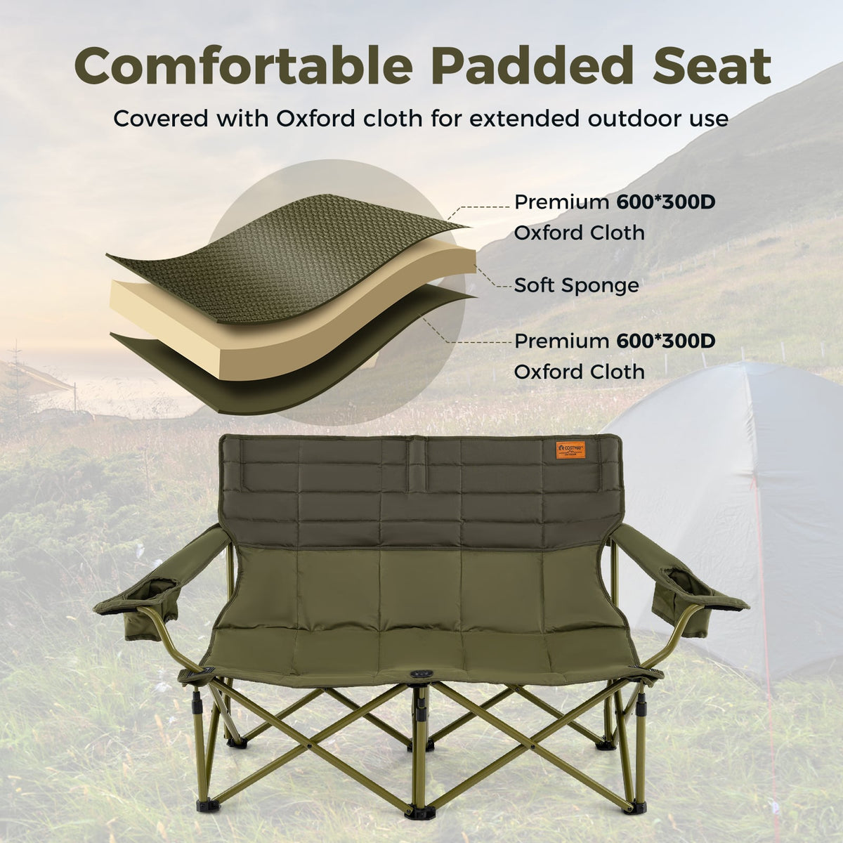 Oversized Camping Chair Folding Loveseat Camping Couch with Cup Holders & Thick Padding-Green-Camping Furniture-DECOROLALA