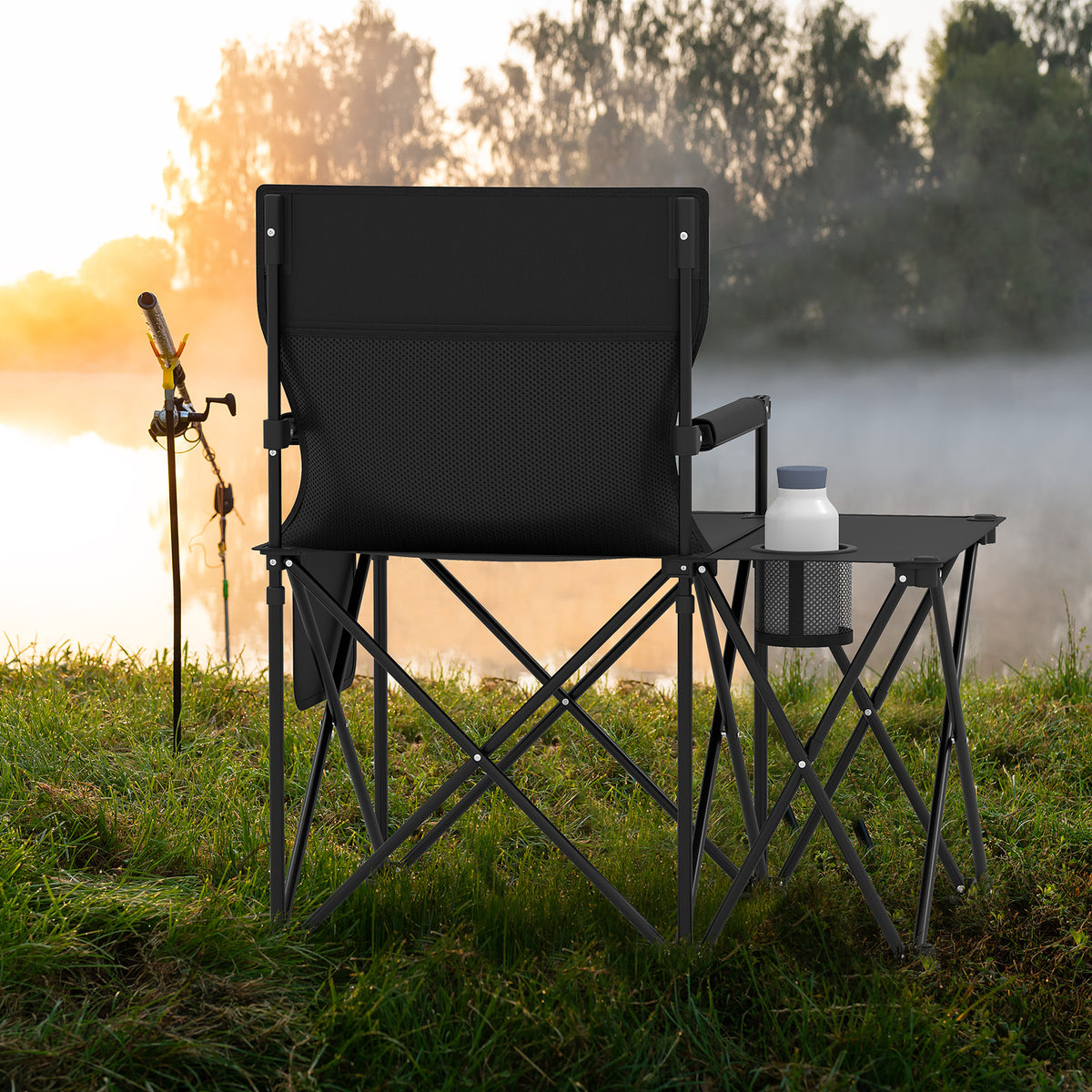 Oversized Camping Chair with Side Table and 2 Storage Pockets-Black-Camping Furniture-DECOROLALA