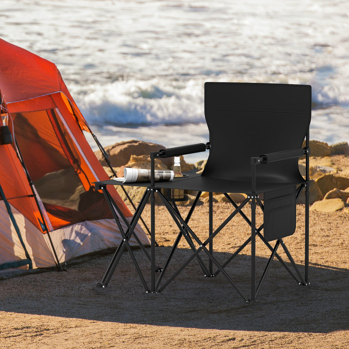 Oversized Camping Chair with Side Table and 2 Storage Pockets-Black-Camping Furniture-DECOROLALA