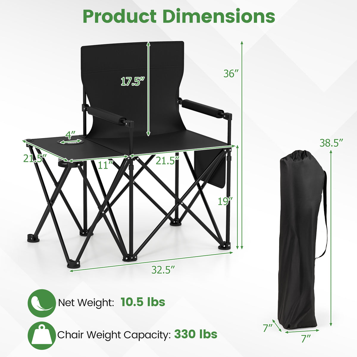 Oversized Camping Chair with Side Table and 2 Storage Pockets-Black-Camping Furniture-DECOROLALA