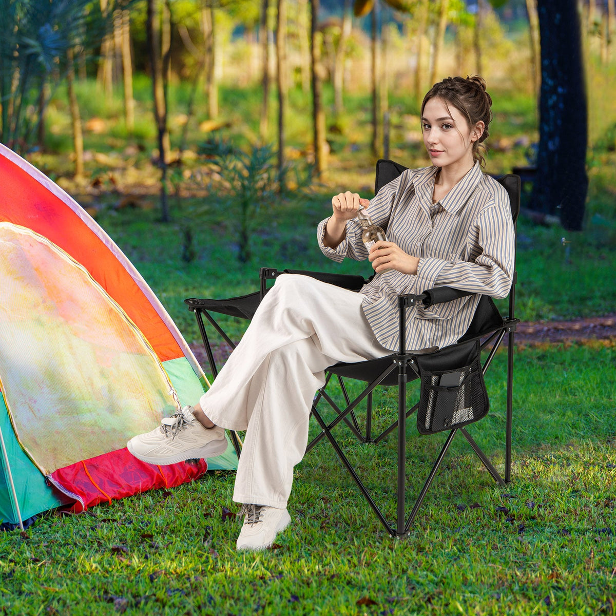 Oversized Camping Chair with Side Table and 2 Storage Pockets-Black-Camping Furniture-DECOROLALA