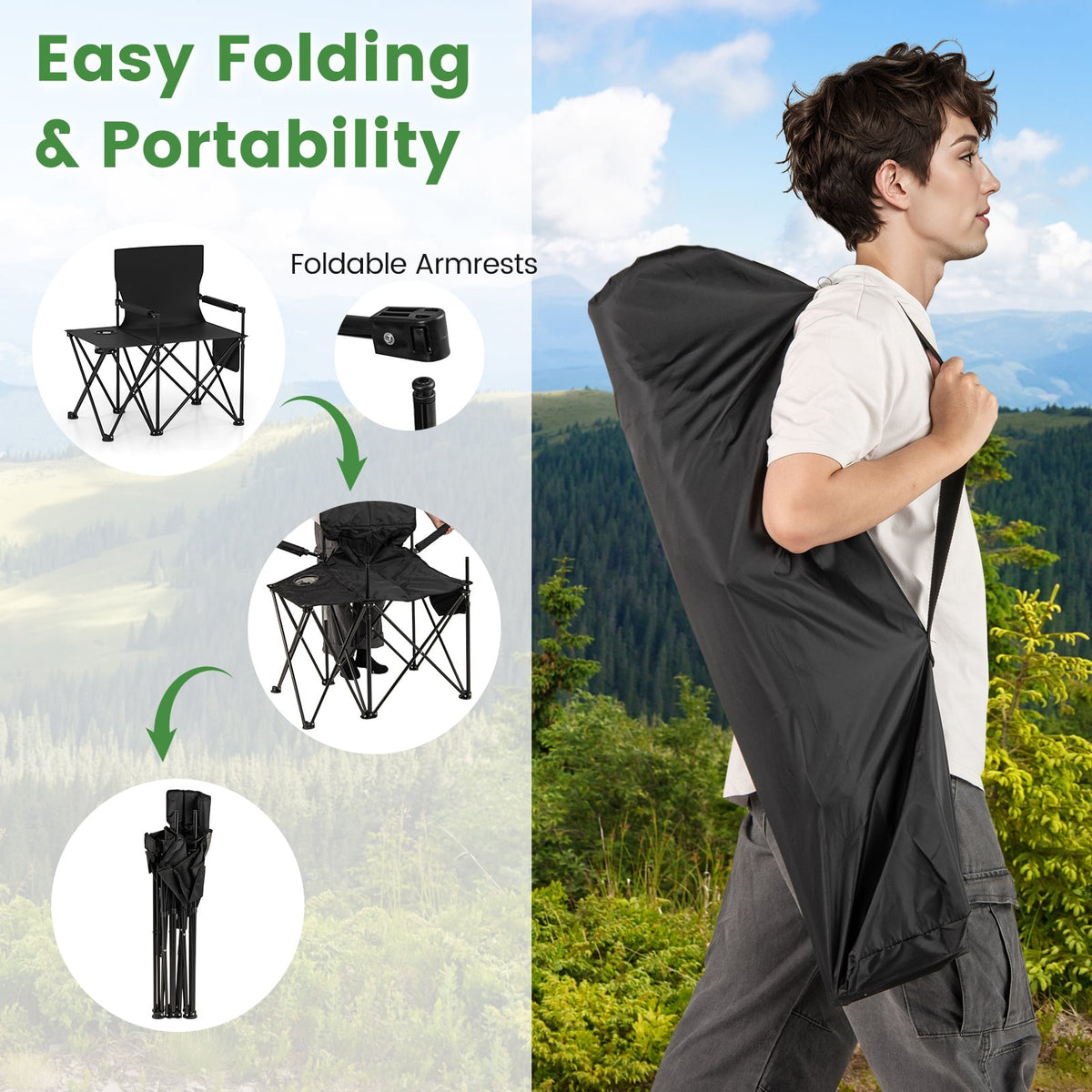 Oversized Camping Chair with Side Table and 2 Storage Pockets-Black-Camping Furniture-DECOROLALA