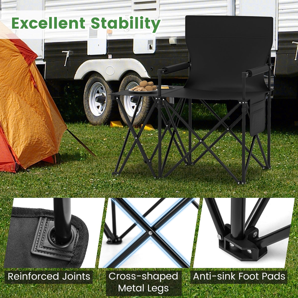 Oversized Camping Chair with Side Table and 2 Storage Pockets-Black-Camping Furniture-DECOROLALA
