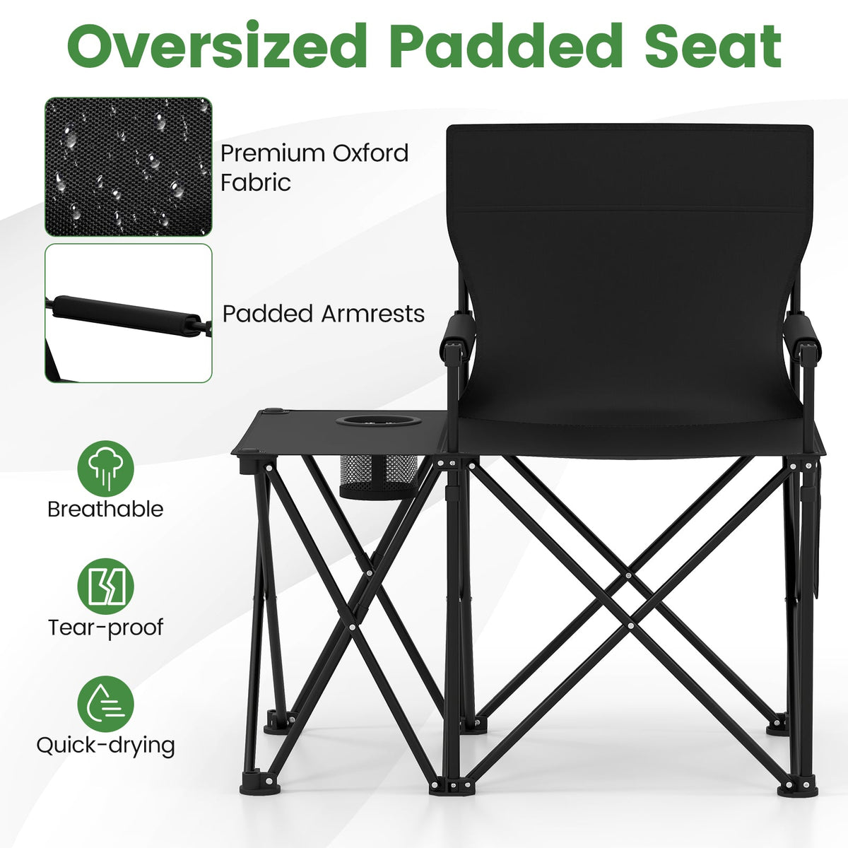 Oversized Camping Chair with Side Table and 2 Storage Pockets-Black-Camping Furniture-DECOROLALA