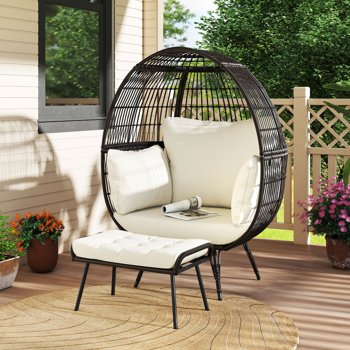 Oversized Egg Chair with Ottoman and Soft Cushions-Outdoor Chaise Lounges-DECOROLALA