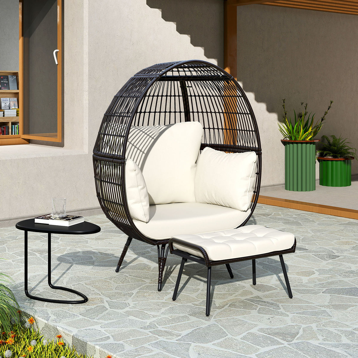 Oversized Egg Chair with Ottoman and Soft Cushions-Outdoor Chaise Lounges-DECOROLALA
