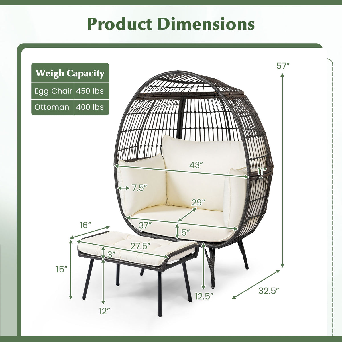 Oversized Egg Chair with Ottoman and Soft Cushions-Outdoor Chaise Lounges-DECOROLALA