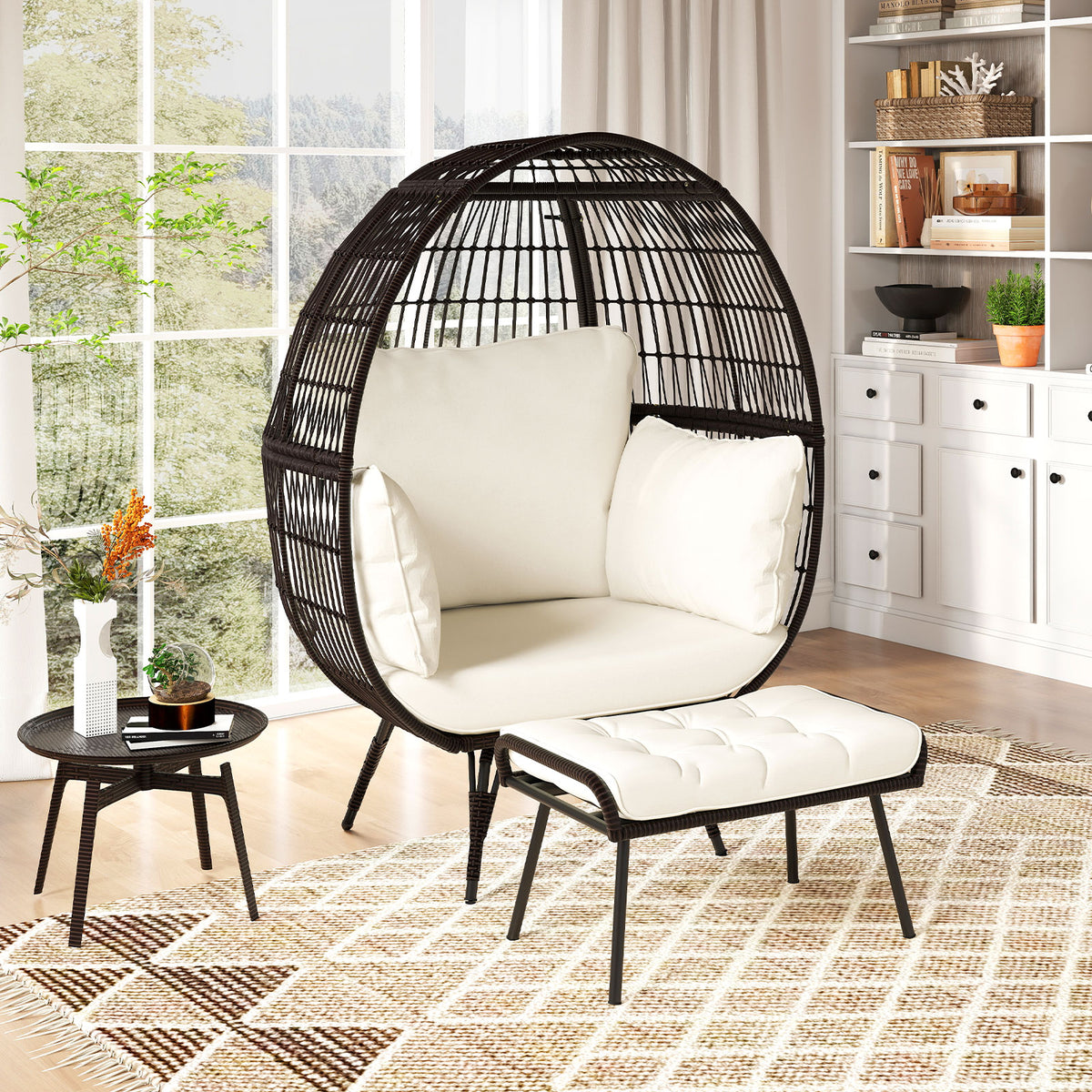 Oversized Egg Chair with Ottoman and Soft Cushions-Outdoor Chaise Lounges-DECOROLALA