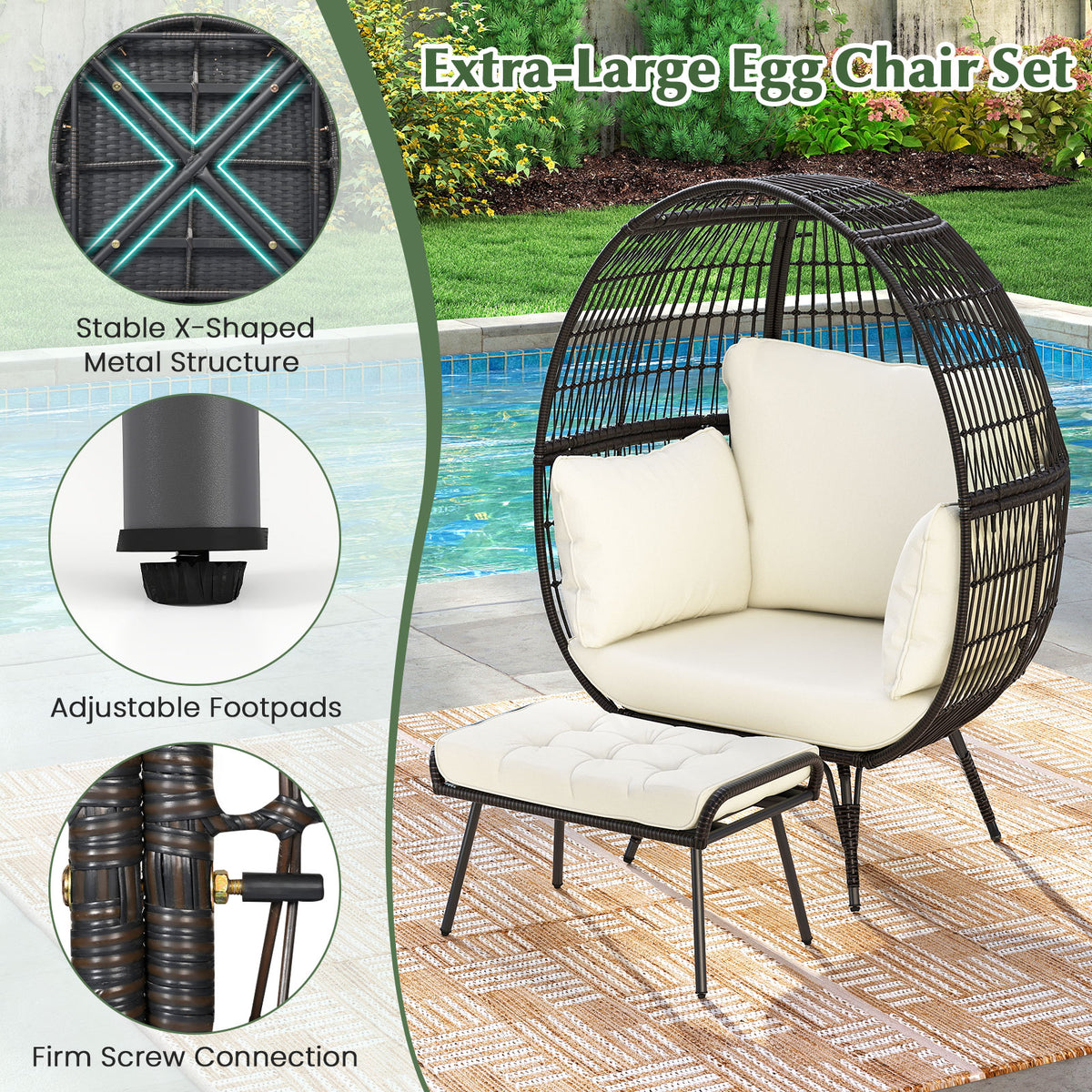 Oversized Egg Chair with Ottoman and Soft Cushions-Outdoor Chaise Lounges-DECOROLALA