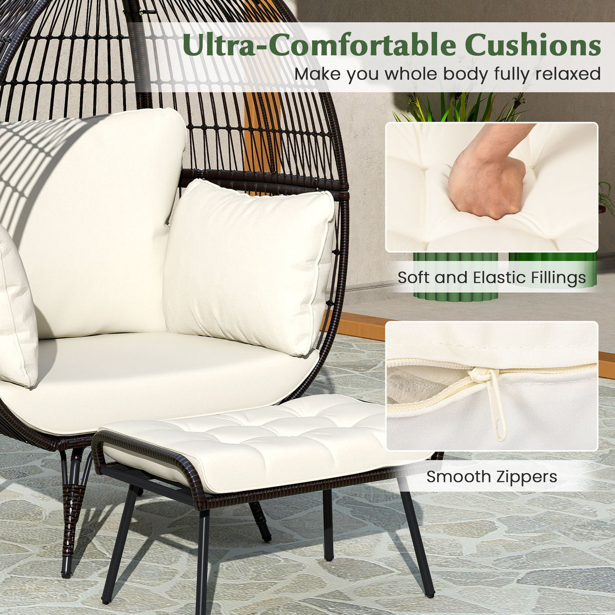 Oversized Egg Chair with Ottoman and Soft Cushions-Outdoor Chaise Lounges-DECOROLALA
