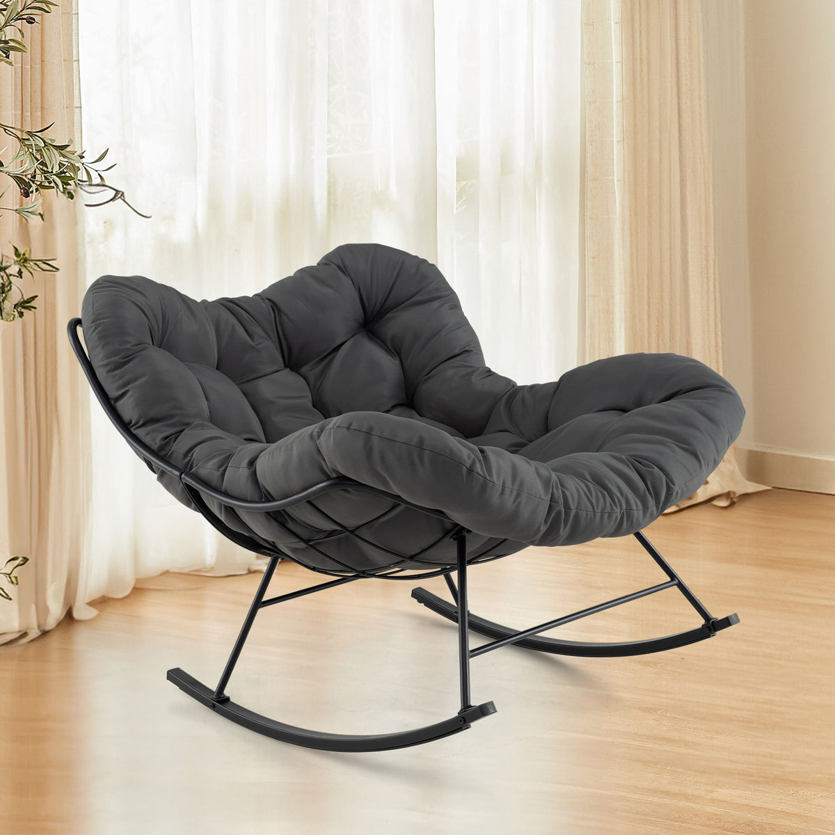 Oversized Egg Papasan Chair with Padded Cushion for Porch-Gray-Outdoor Rocking Chairs & Gliders-DECOROLALA