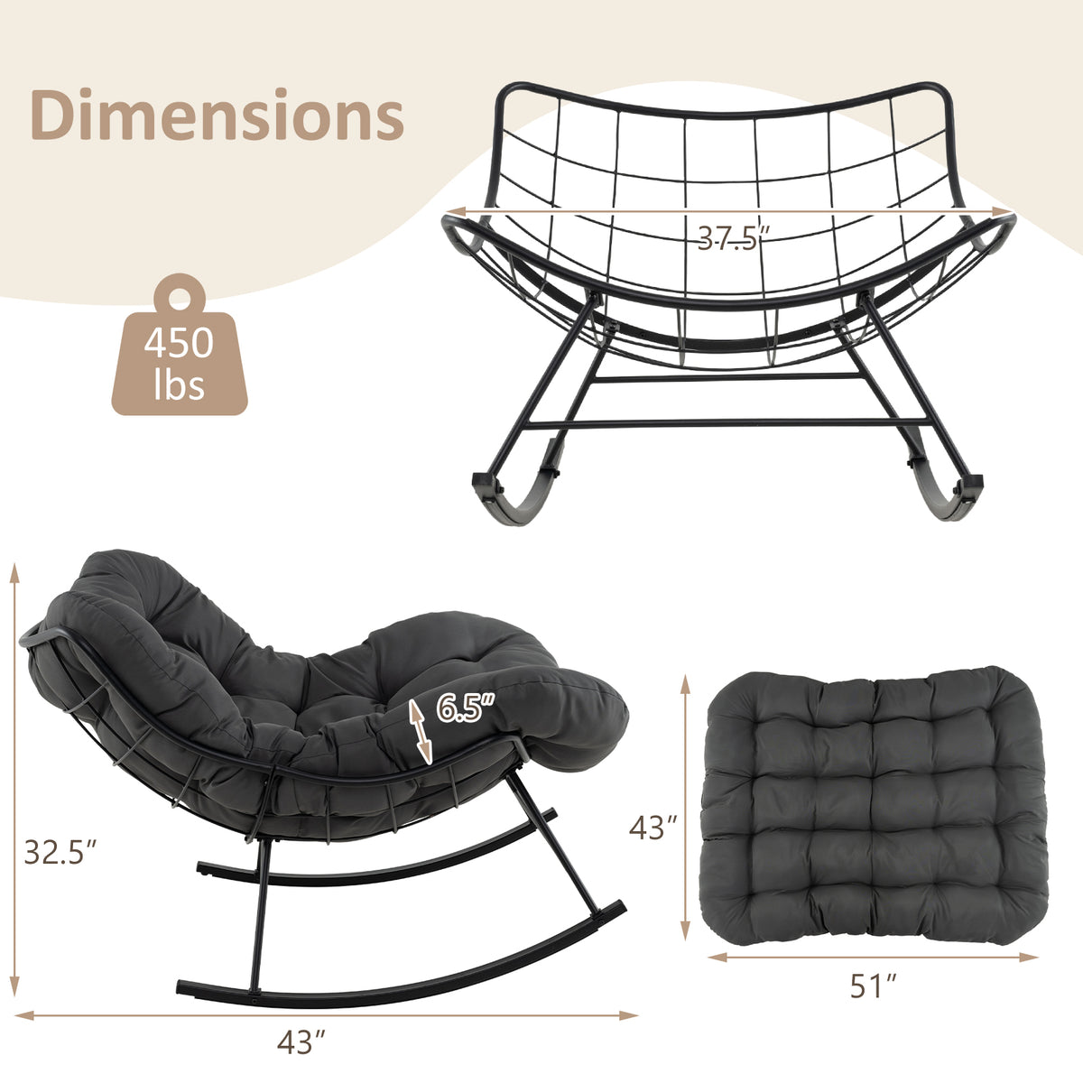 Oversized Egg Papasan Chair with Padded Cushion for Porch-Gray-Outdoor Rocking Chairs & Gliders-DECOROLALA