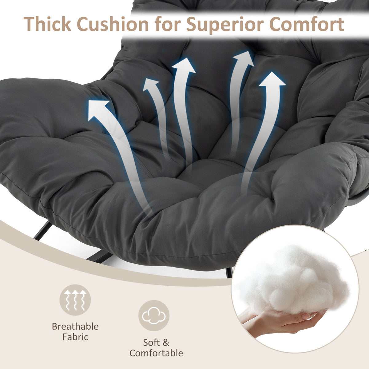 Oversized Egg Papasan Chair with Padded Cushion for Porch-Gray-Outdoor Rocking Chairs & Gliders-DECOROLALA