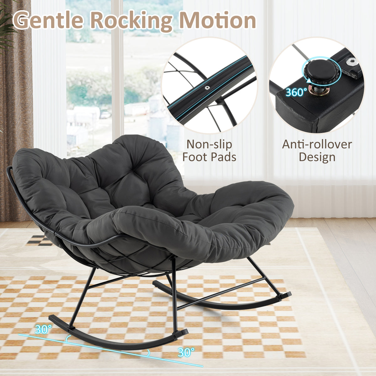Oversized Egg Papasan Chair with Padded Cushion for Porch-Gray-Outdoor Rocking Chairs & Gliders-DECOROLALA