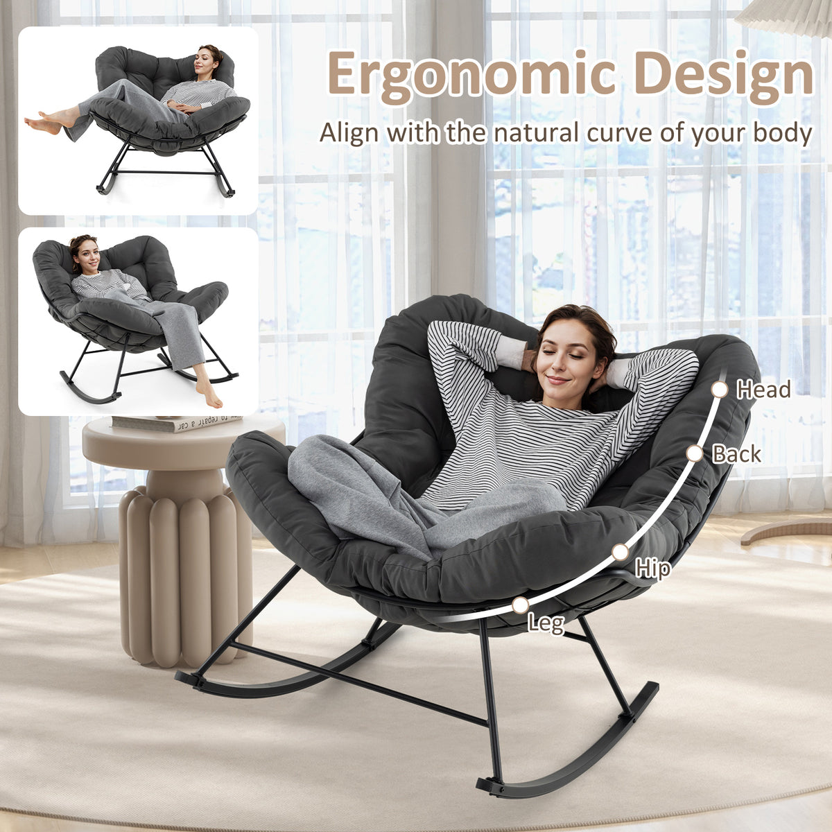 Oversized Egg Papasan Chair with Padded Cushion for Porch-Gray-Outdoor Rocking Chairs & Gliders-DECOROLALA