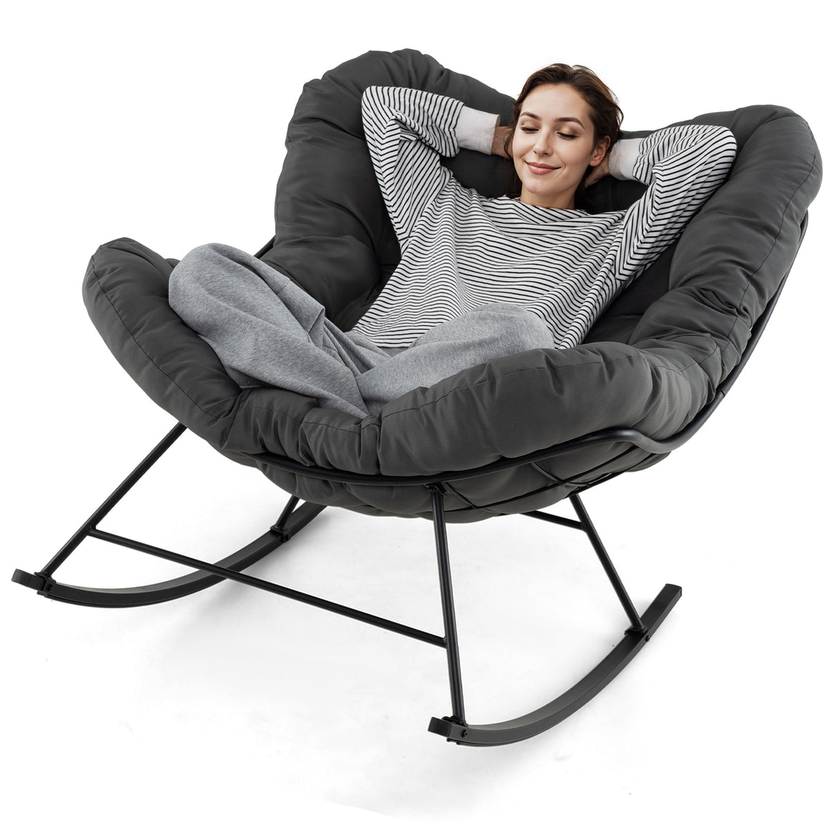 Oversized Egg Papasan Chair with Padded Cushion for Porch-Gray-Outdoor Rocking Chairs & Gliders-DECOROLALA