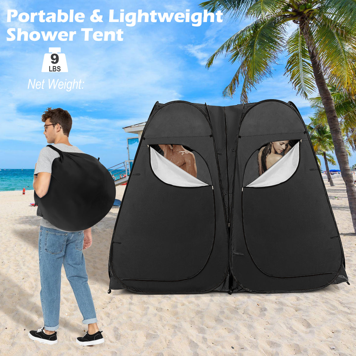 Oversized Pop Up Shower Tent with Window Floor and Storage Pocket-Black-Tents-DECOROLALA