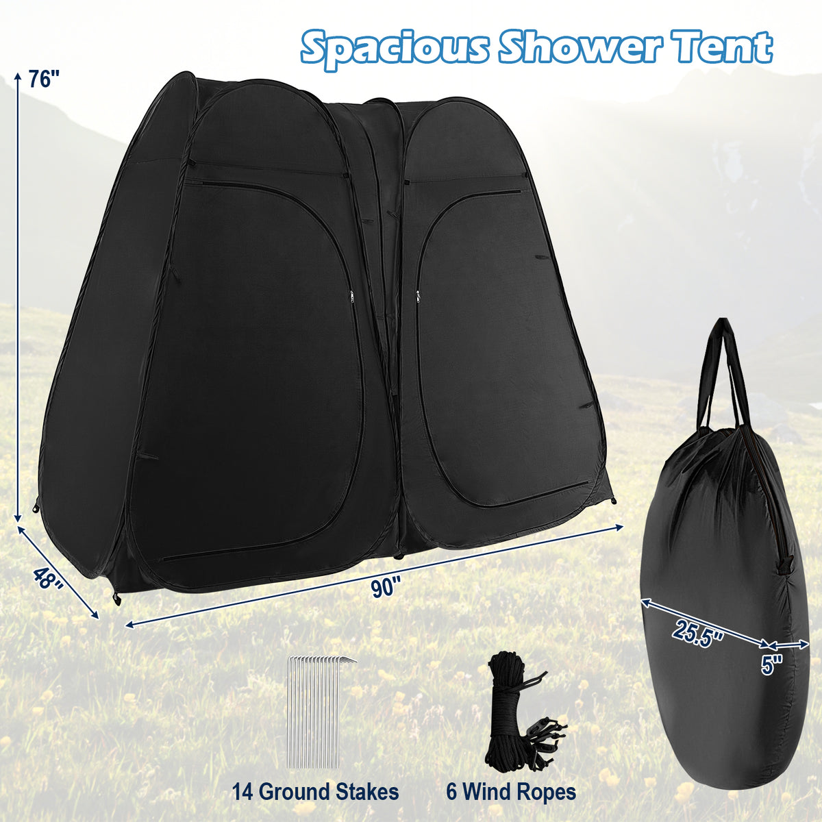 Oversized Pop Up Shower Tent with Window Floor and Storage Pocket-Black-Tents-DECOROLALA