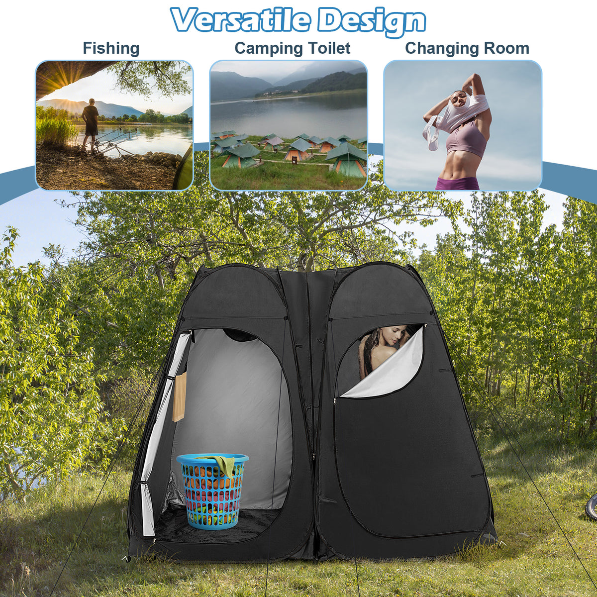 Oversized Pop Up Shower Tent with Window Floor and Storage Pocket-Black-Tents-DECOROLALA