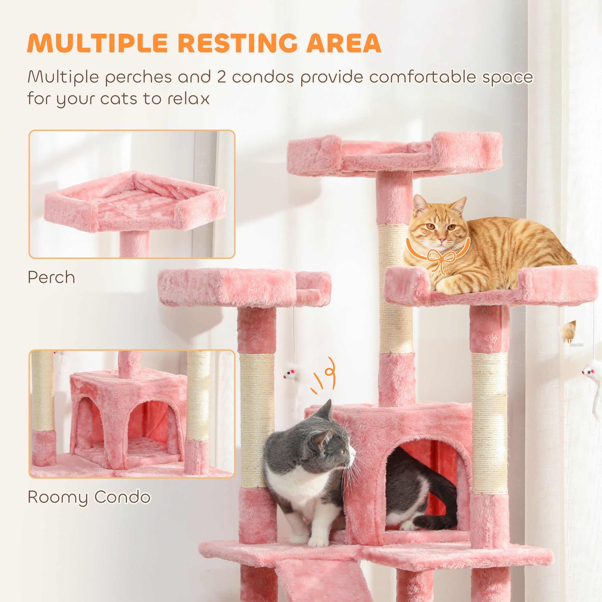 68-inch Multi-Level Cat Scratching Tree Kitty Activity Center Post Tower Condo Pet Furniture w/ Toy Pink