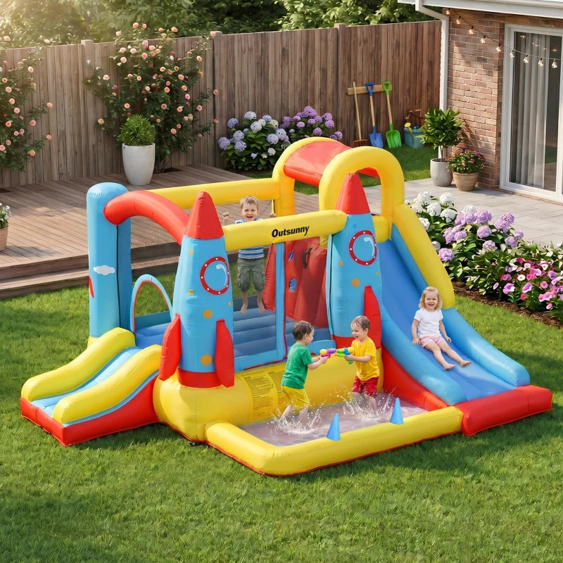 Outsunny Inflatable Rocket Bounce House with Slides and Pool