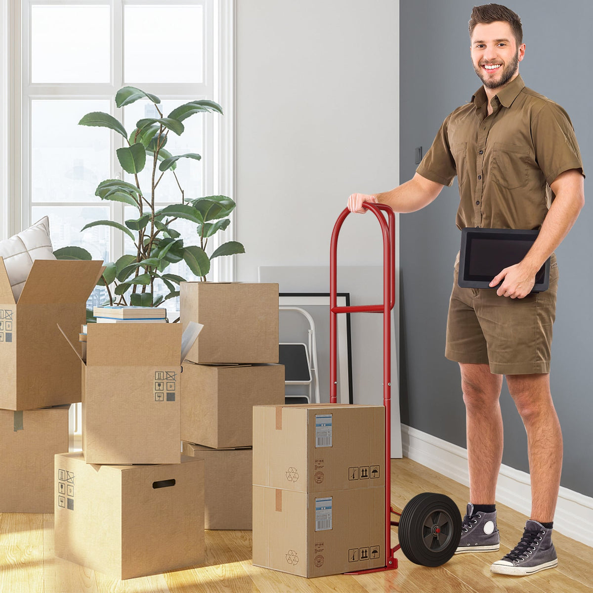 P-Handle Sack Truck with 10 Inch Wheels and Foldable Load Area-Red-Garages-DECOROLALA