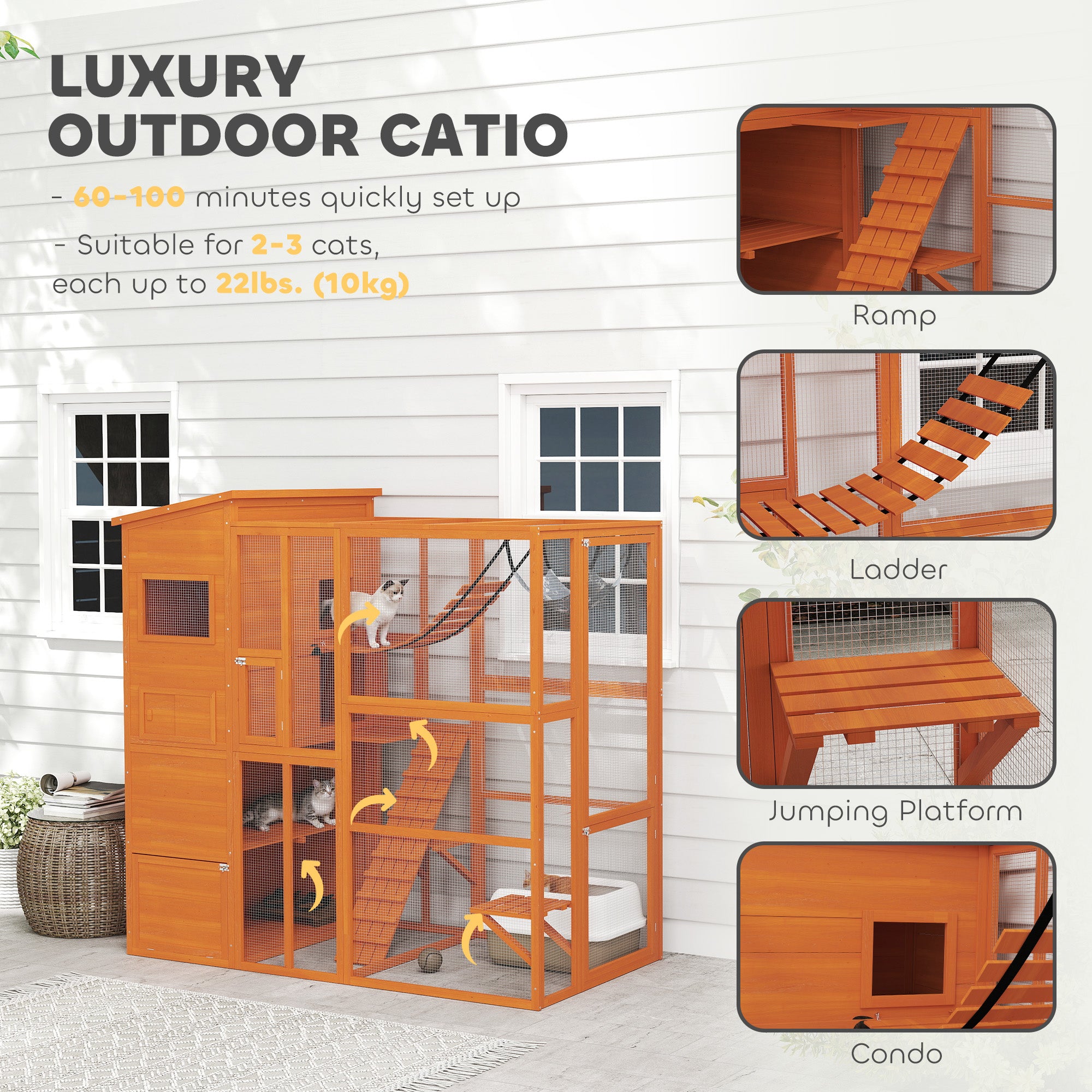 76" Catio Outdoor Cat Enclosure with Cat Condo, Jumping Platforms, Ladder, Ramps, Hammock for 2-3 Indoor Cats, Orange