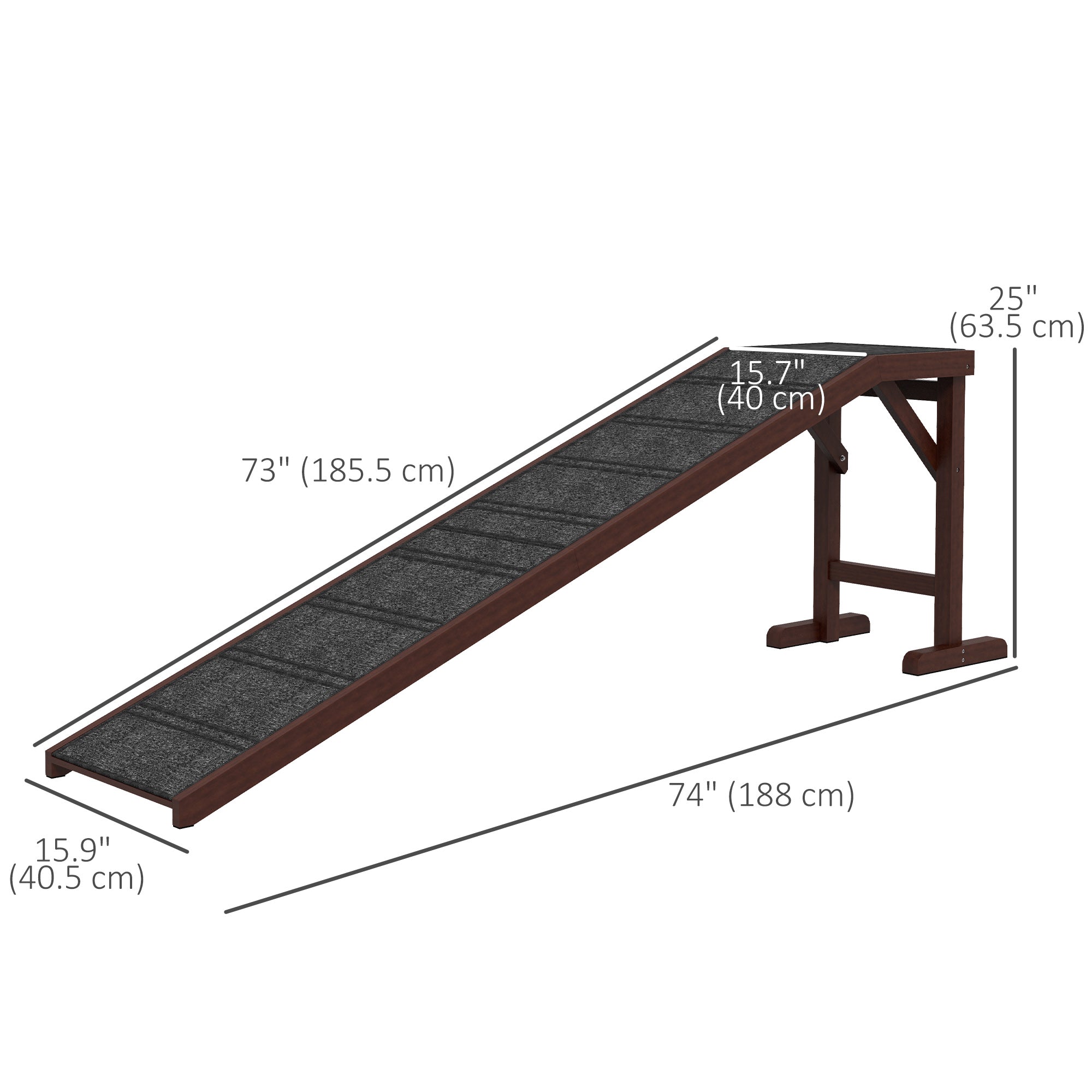 Rampe, lit et marches pour chiens et chats avec plateforme supérieure en moquette antidérapante, bois de pin, 74"L x 16"W x 25"H, marron