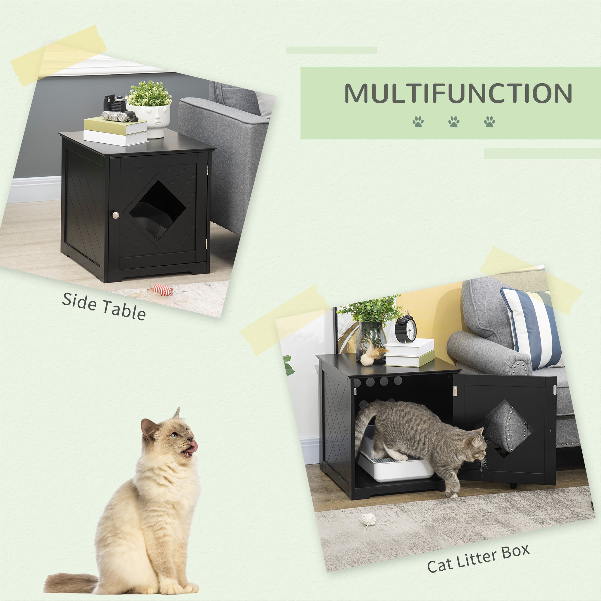 Meuble d’appoint pour bac à litière pour chat, toilettes intérieures pour chat avec porte magnétique, table de chevet dissimulant le bac à litière avec grand plateau, montage facile, noir