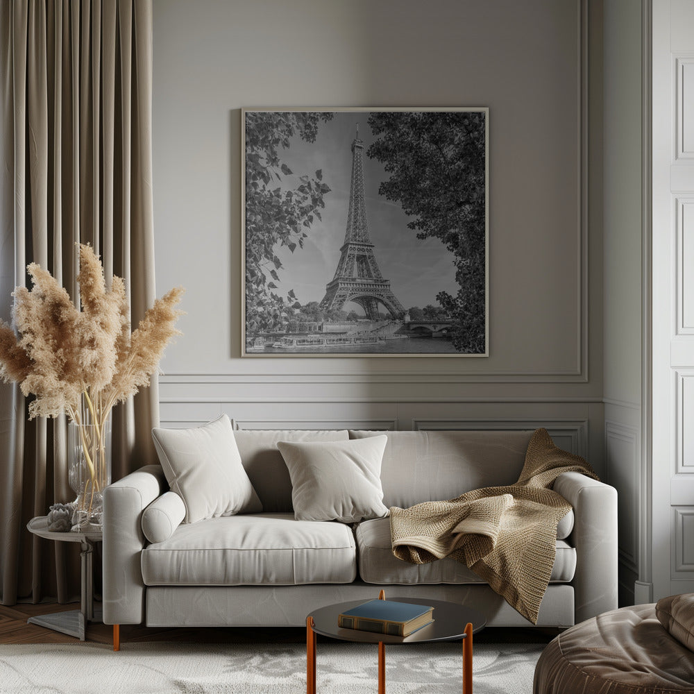 PARIS Eiffel Tower &amp; River Seine - Monochrome-canvas-DECOROLALA