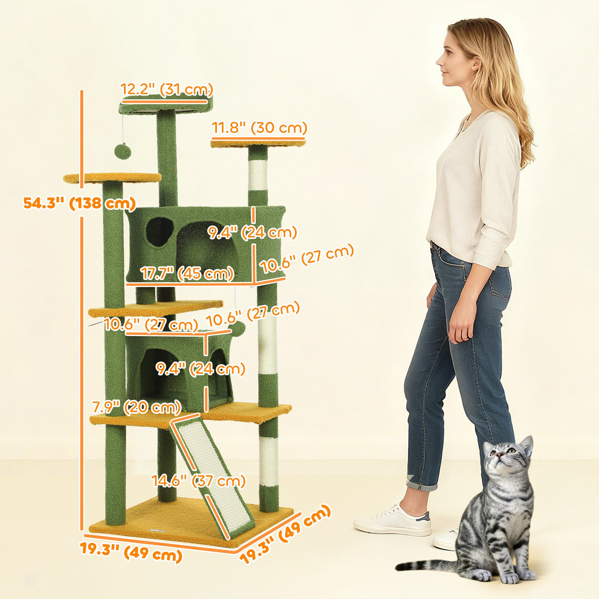 54" Cat Tree, Multi-Level Cat Tower with Scratching Posts, Cat Condos, Bed, Platforms, Ramp, Toy Ball, Green