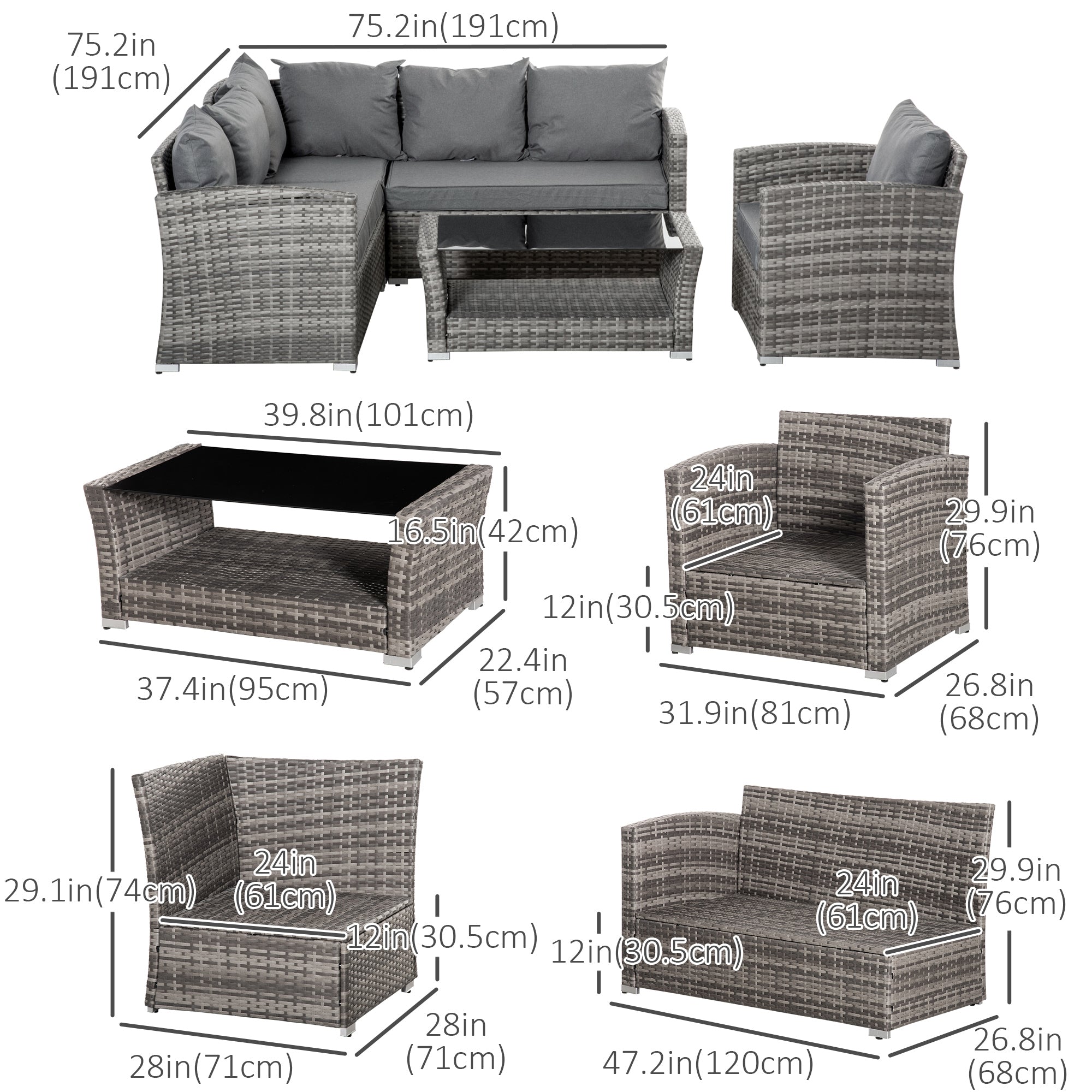 PE Rattan 5pc Patio Sectional Sofa Set - Grey-DECOROLALA