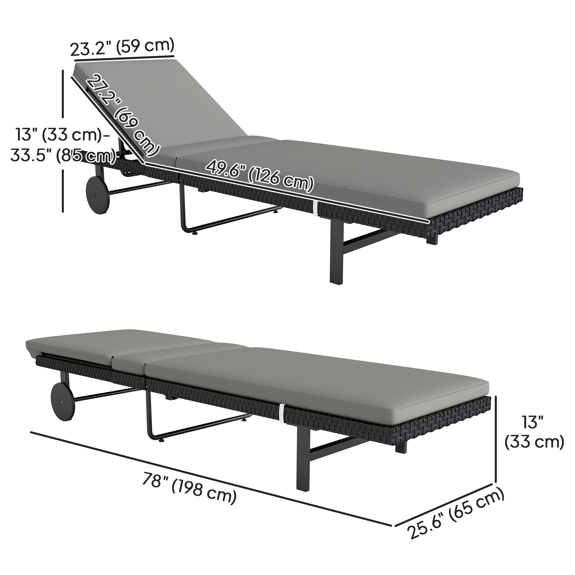 PE Rattan Tanning Chair - Grey, 5-Level Back, Wheels, Cushion-DECOROLALA