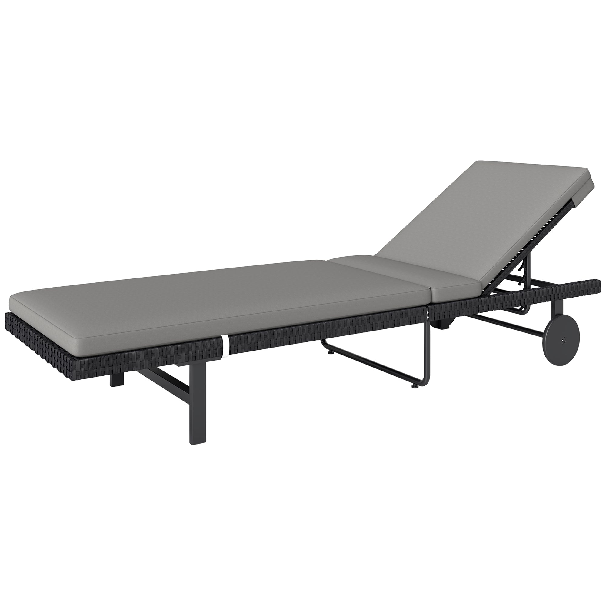 PE Rattan Tanning Chair - Grey, 5-Level Back, Wheels, Cushion-DECOROLALA