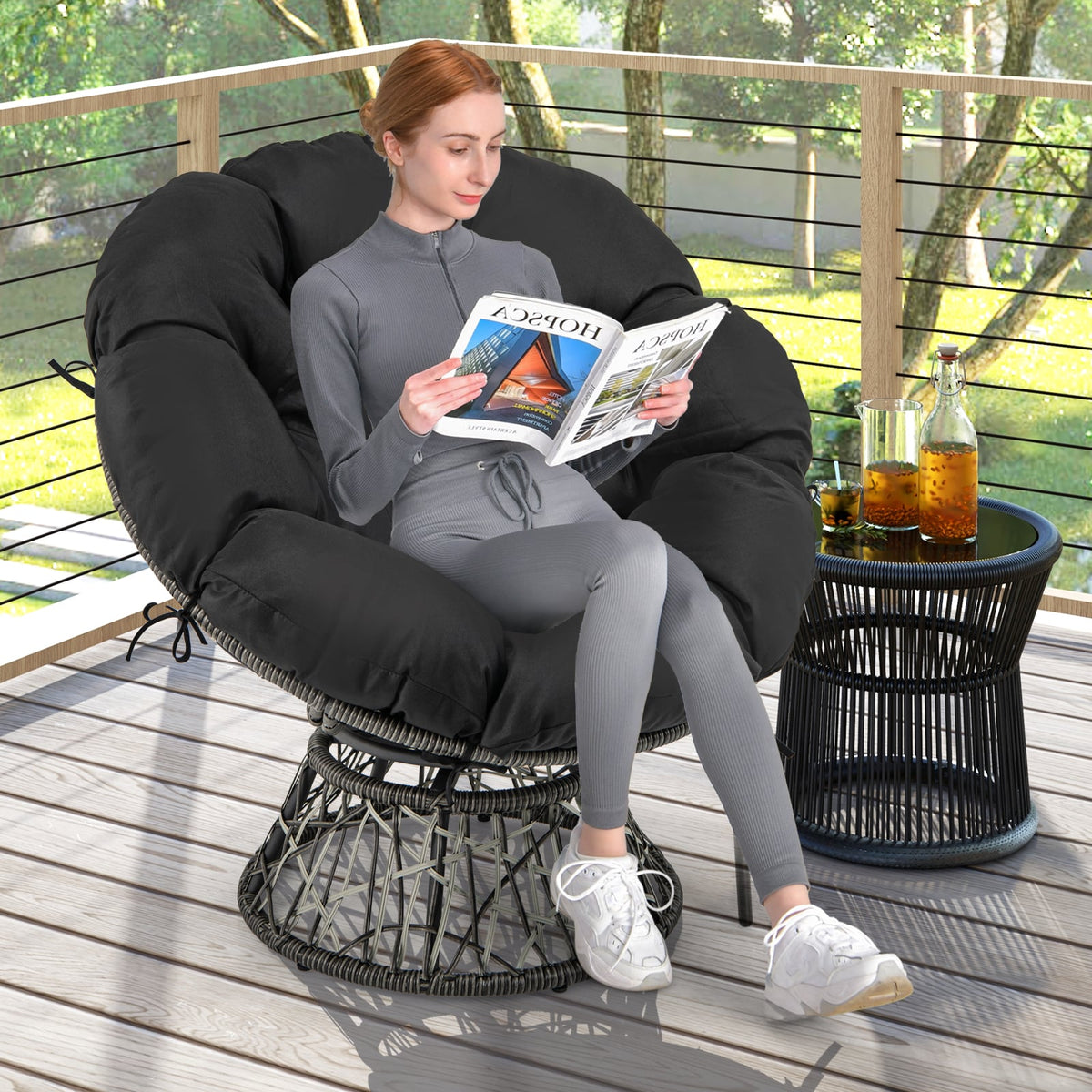 PE Wicker Papasan Chair with Thick and Removable Cushion-Black-Patio Dining Chairs-DECOROLALA
