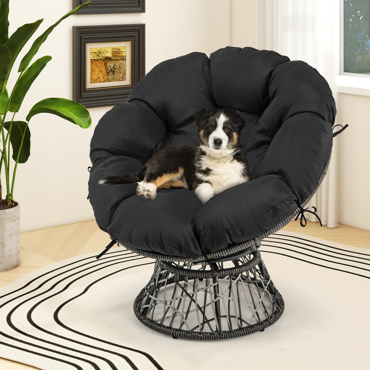 PE Wicker Papasan Chair with Thick and Removable Cushion-Black-Patio Dining Chairs-DECOROLALA