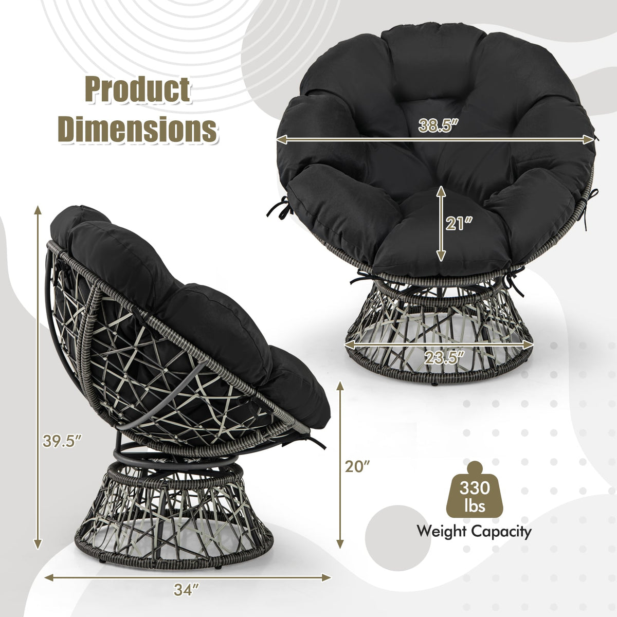 PE Wicker Papasan Chair with Thick and Removable Cushion-Black-Patio Dining Chairs-DECOROLALA