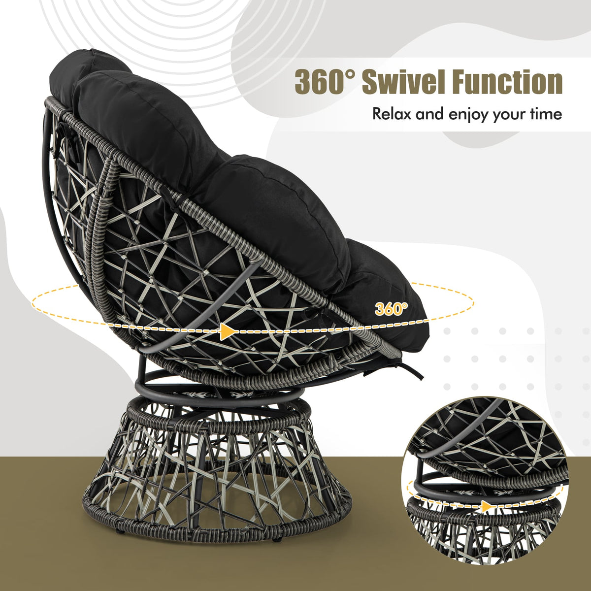 PE Wicker Papasan Chair with Thick and Removable Cushion-Black-Patio Dining Chairs-DECOROLALA