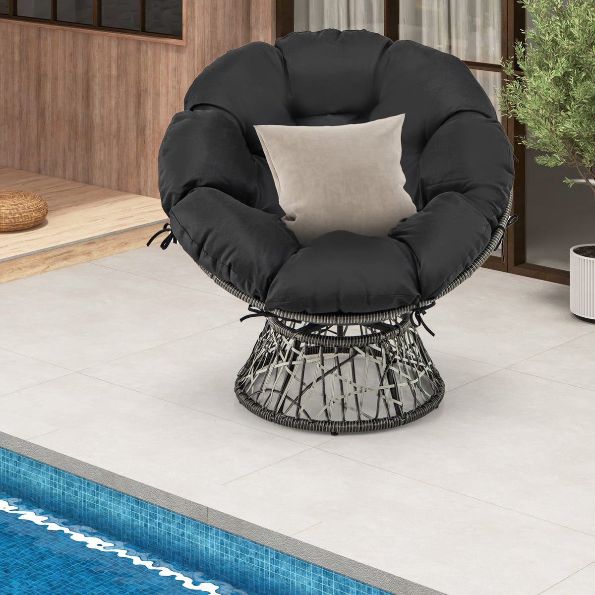 PE Wicker Papasan Chair with Thick and Removable Cushion-Black-Patio Dining Chairs-DECOROLALA