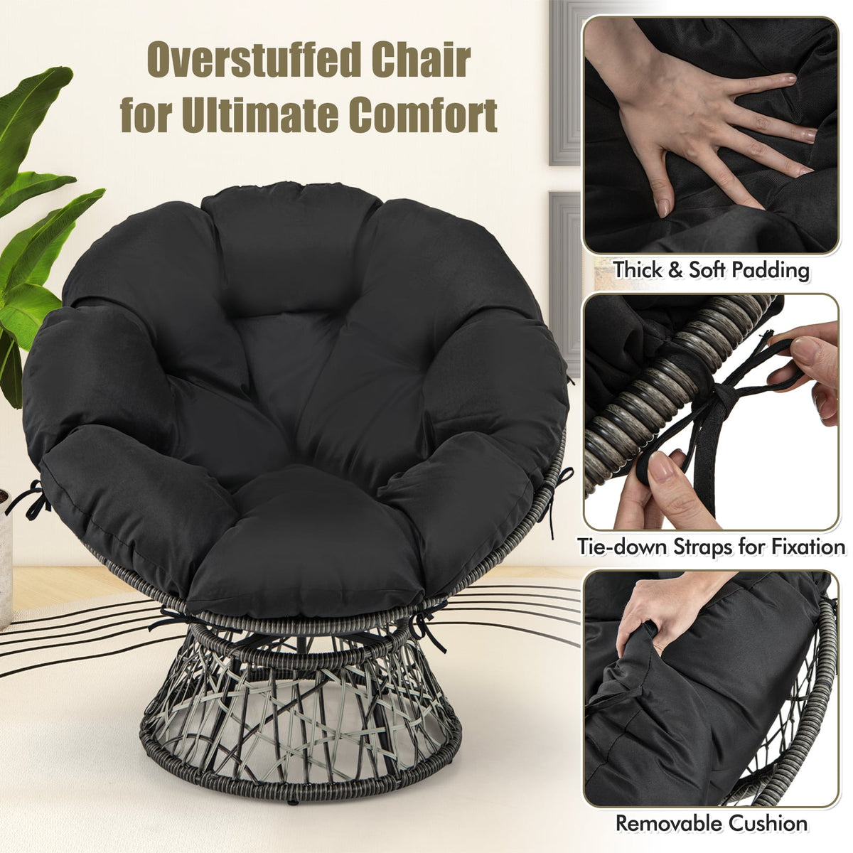 PE Wicker Papasan Chair with Thick and Removable Cushion-Black-Patio Dining Chairs-DECOROLALA