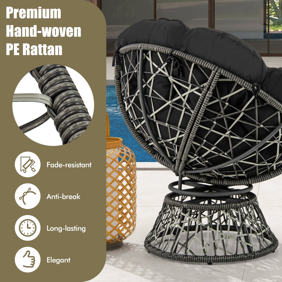 PE Wicker Papasan Chair with Thick and Removable Cushion-Black-Patio Dining Chairs-DECOROLALA