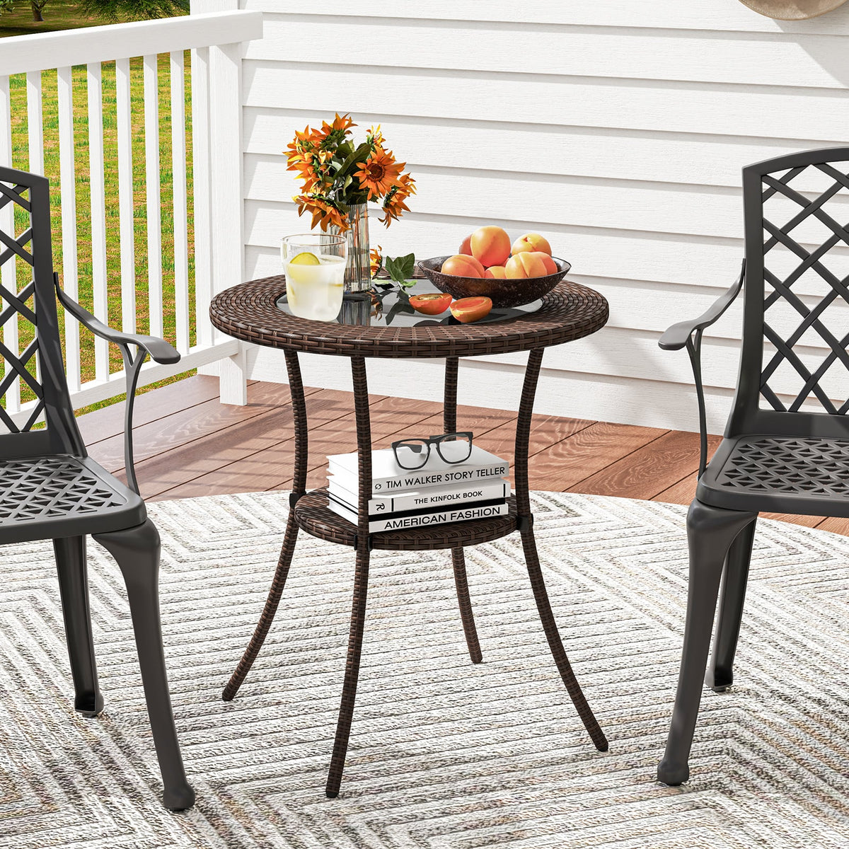 PE Wicker Patio Bistro Table Round with Tempered Glass Top and Shelf-Patio Dining Tables-DECOROLALA
