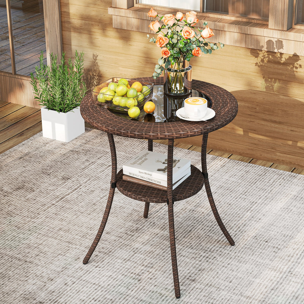 PE Wicker Patio Bistro Table Round with Tempered Glass Top and Shelf-Patio Dining Tables-DECOROLALA