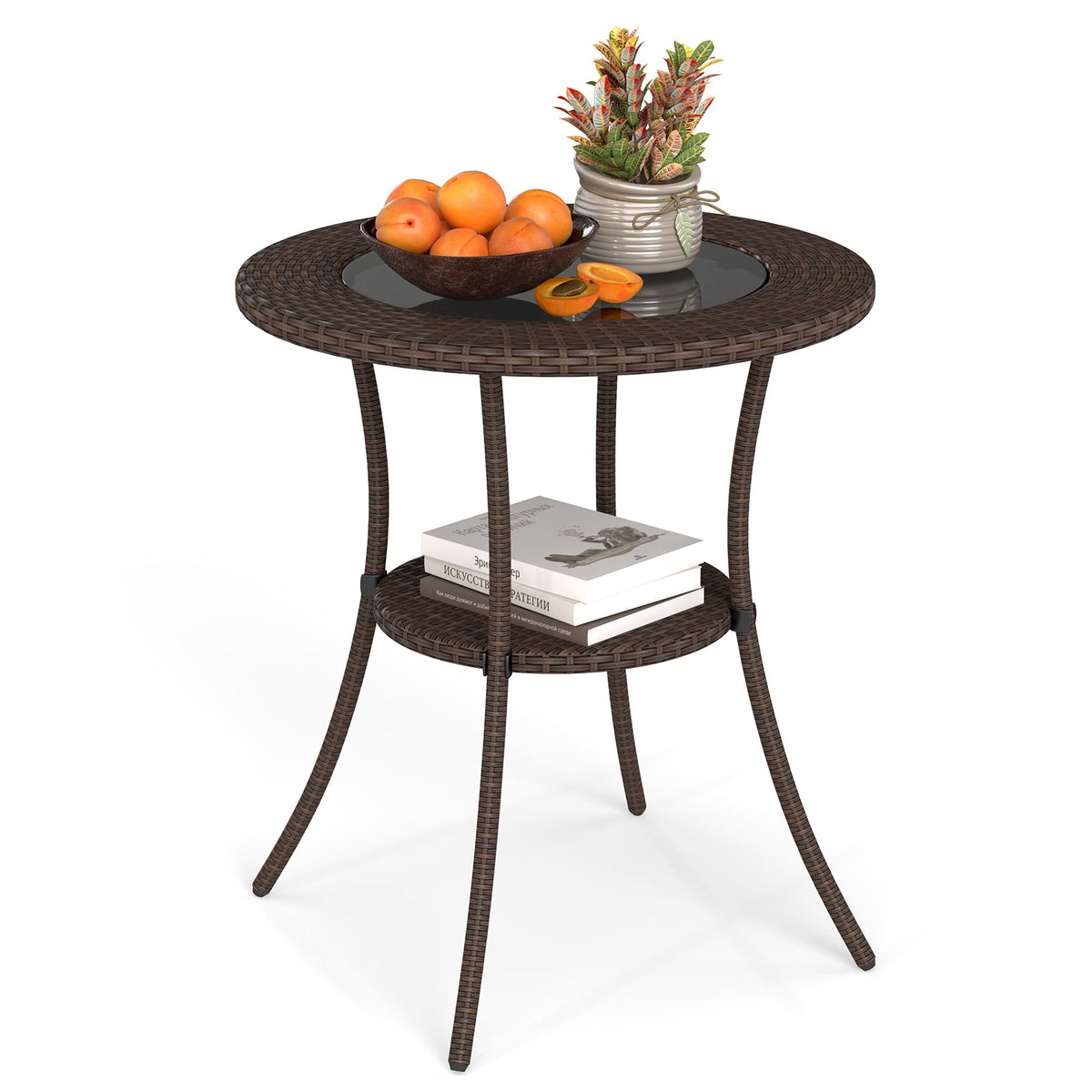PE Wicker Patio Bistro Table Round with Tempered Glass Top and Shelf-Patio Dining Tables-DECOROLALA