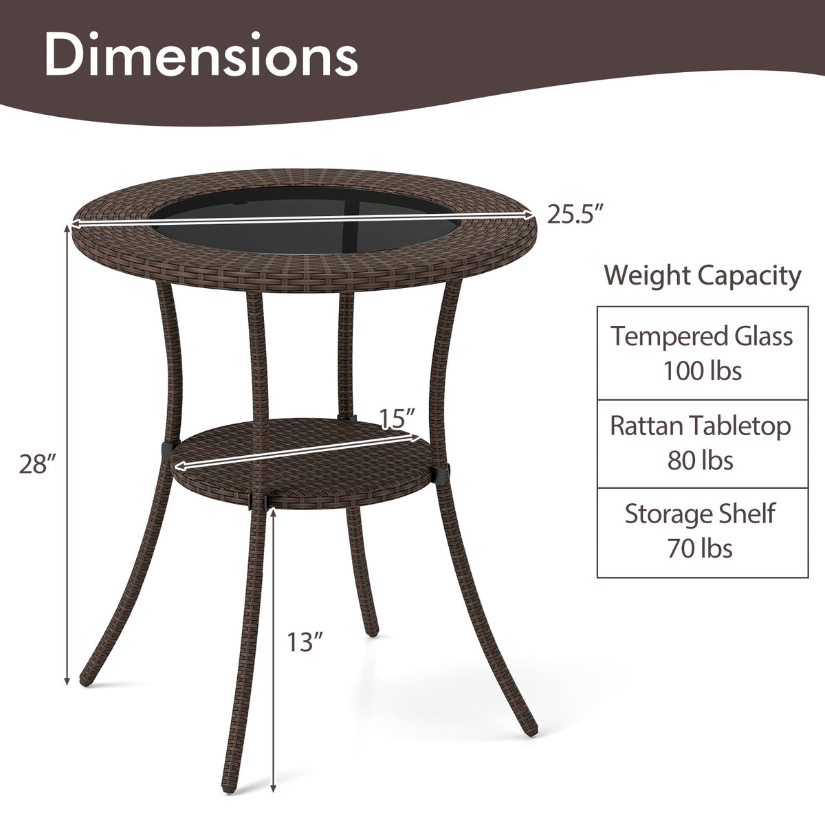 PE Wicker Patio Bistro Table Round with Tempered Glass Top and Shelf-Patio Dining Tables-DECOROLALA